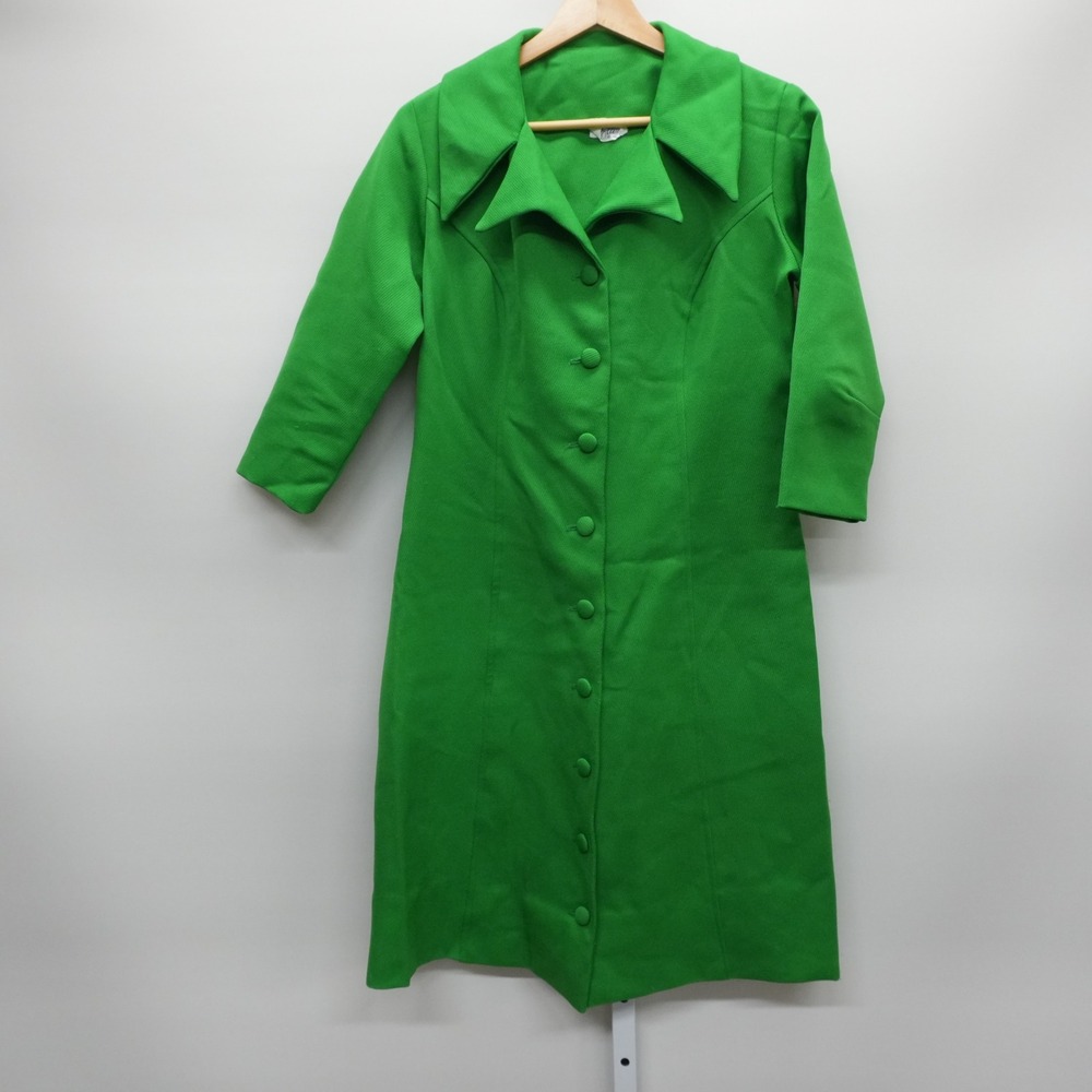 Vintage Miss Ellen of Miami Green Mod Button Front Dagger Collar Dress Size 12